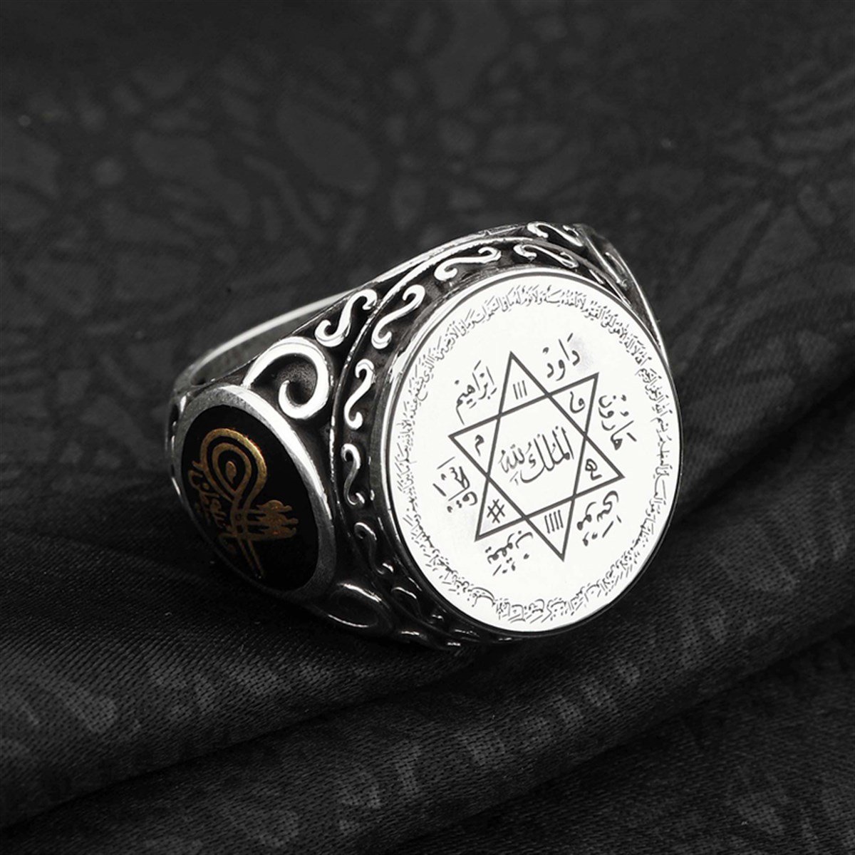 Mührü Süleyman Etrafı Ayet-el Kürsi El Yazması 925 Ayar Gümüş Erkek Yüzüğü
