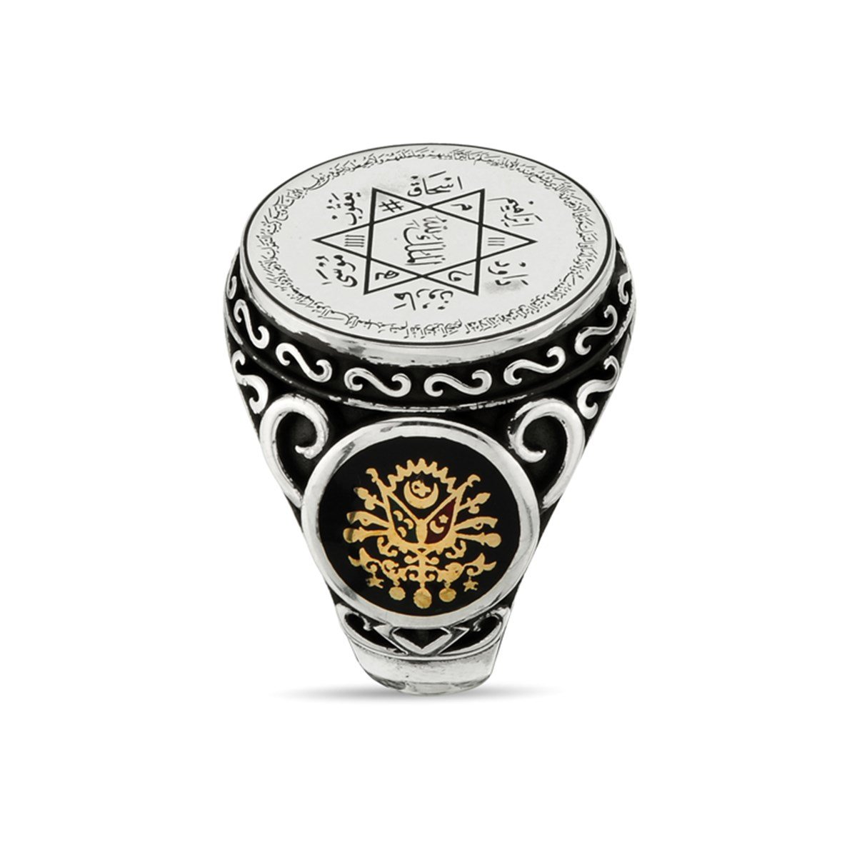 Mührü Süleyman Etrafı Ayet-el Kürsi El Yazması 925 Ayar Gümüş Erkek Yüzüğü