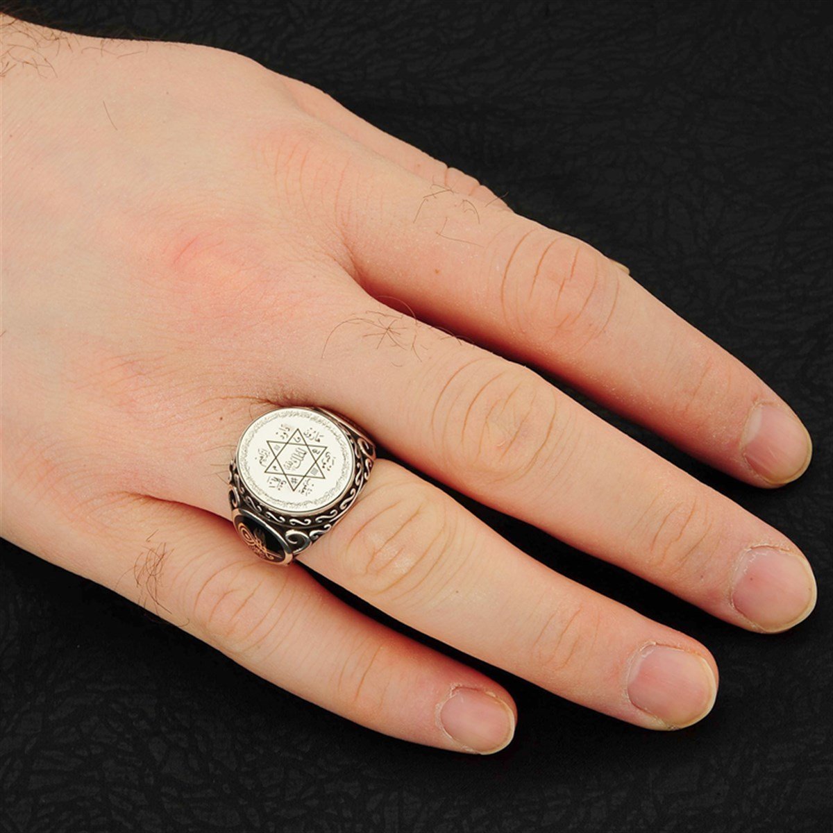 Mührü Süleyman Etrafı Ayet-el Kürsi El Yazması 925 Ayar Gümüş Erkek Yüzüğü