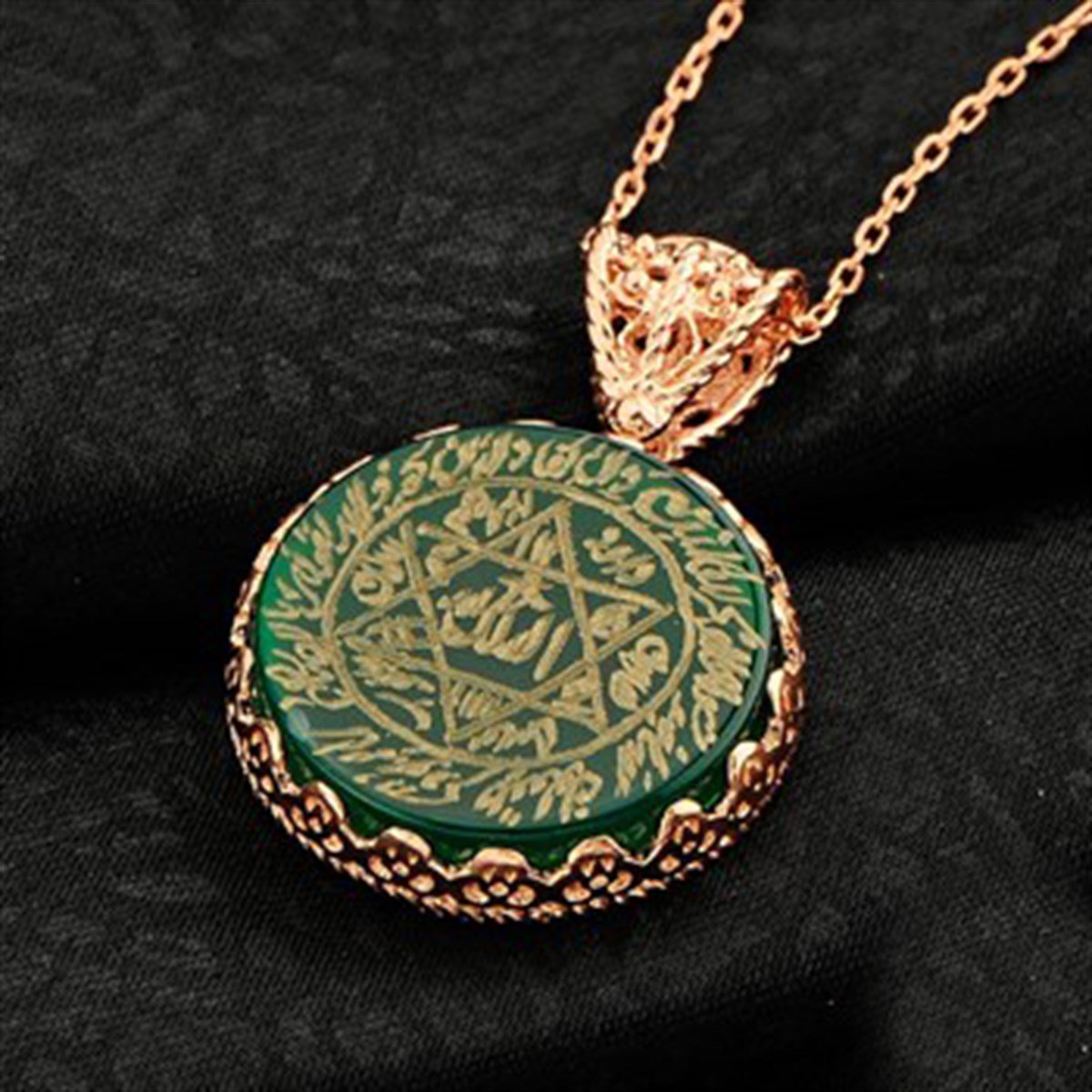 Mührü Süleyman Yeşil Akik Taşlı El Yazması Nazar Dualı Gümüş Bayan Kolyesi