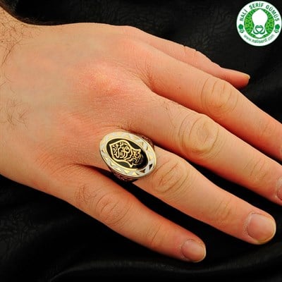 Nali Şerif Kademi Şerif Siyah Beyaz Mineli Gümüş Erkek Yüzüğü