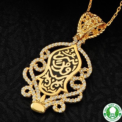 Nali Şerif Kademi Şerif Siyah Mineli Altın Kaplamalı Gümüş Bayan Kolyesi Zincirli