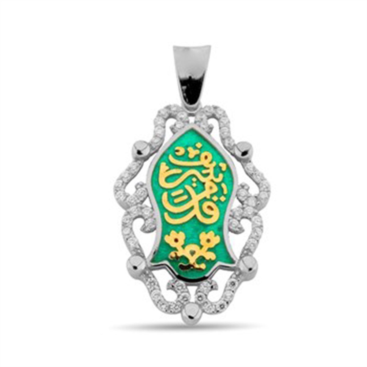 Nali Şerif Kademi Şerif Yeşil Mineli Beyaz Altın Kaplamalı Güverseli Gümüş Kolye Ucu