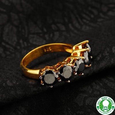 Onxy Siyah Beş Taş Altın Kaplamalı 925 Ayar Gümüş Bayan Yüzük