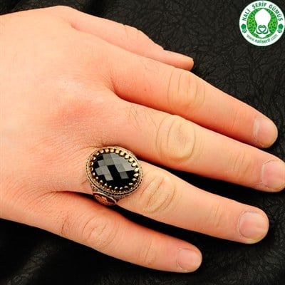 Onxy Siyah Taşlı Kristal Kesimli 925 Ayar Gümüş Erkek Yüzük