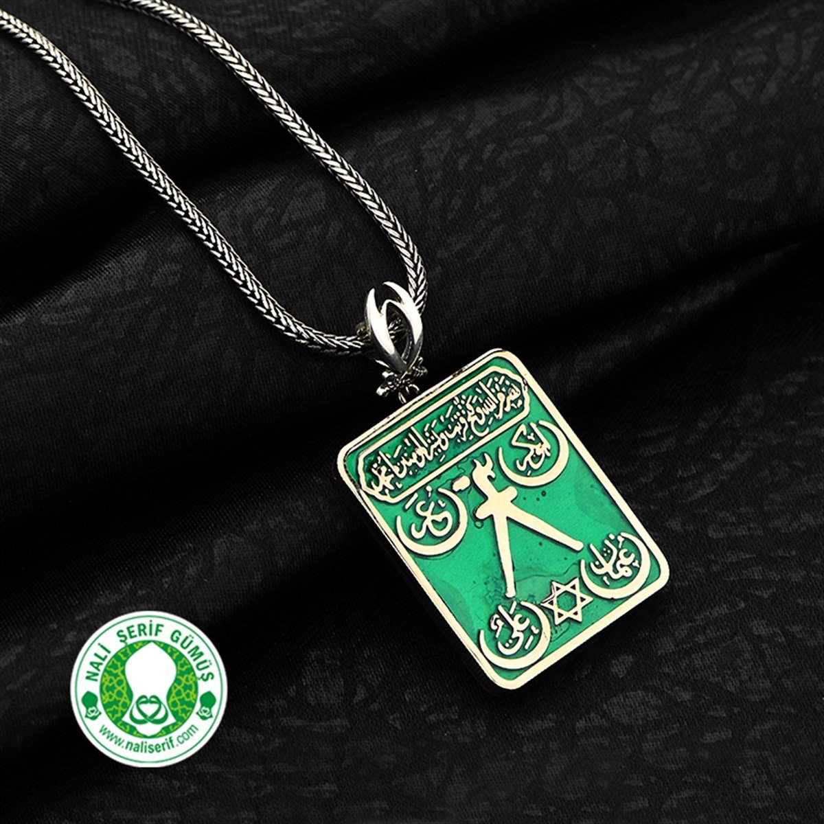 Örgü Zincirli Zülfikar Kılınç Sallantılı Yeşil Mineli Barbaros Hayrettin Paşa Sancağı Erkek Gümüş Kolye