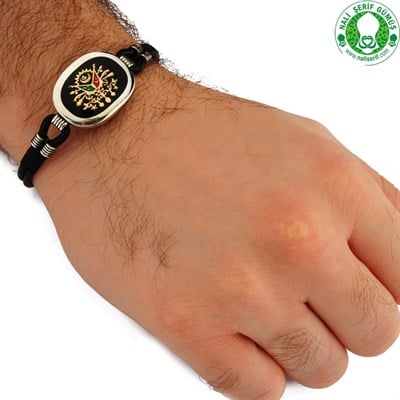 Osmanlı Devlet Armalı 925 Ayar Gümüş Deri Erkek Bilekliği