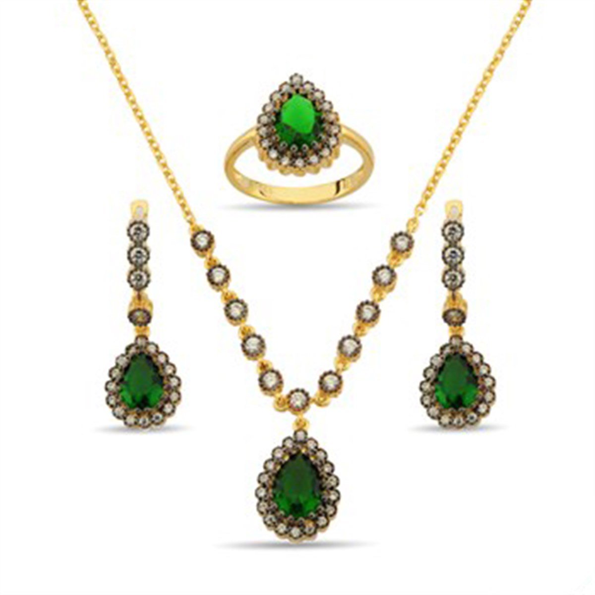 Osmanlı Motifli Altın Kaplamalı Gümüş Elmas Görünüşlü Zümrüt Yeşili Zirkon Taşlı Damla Seti