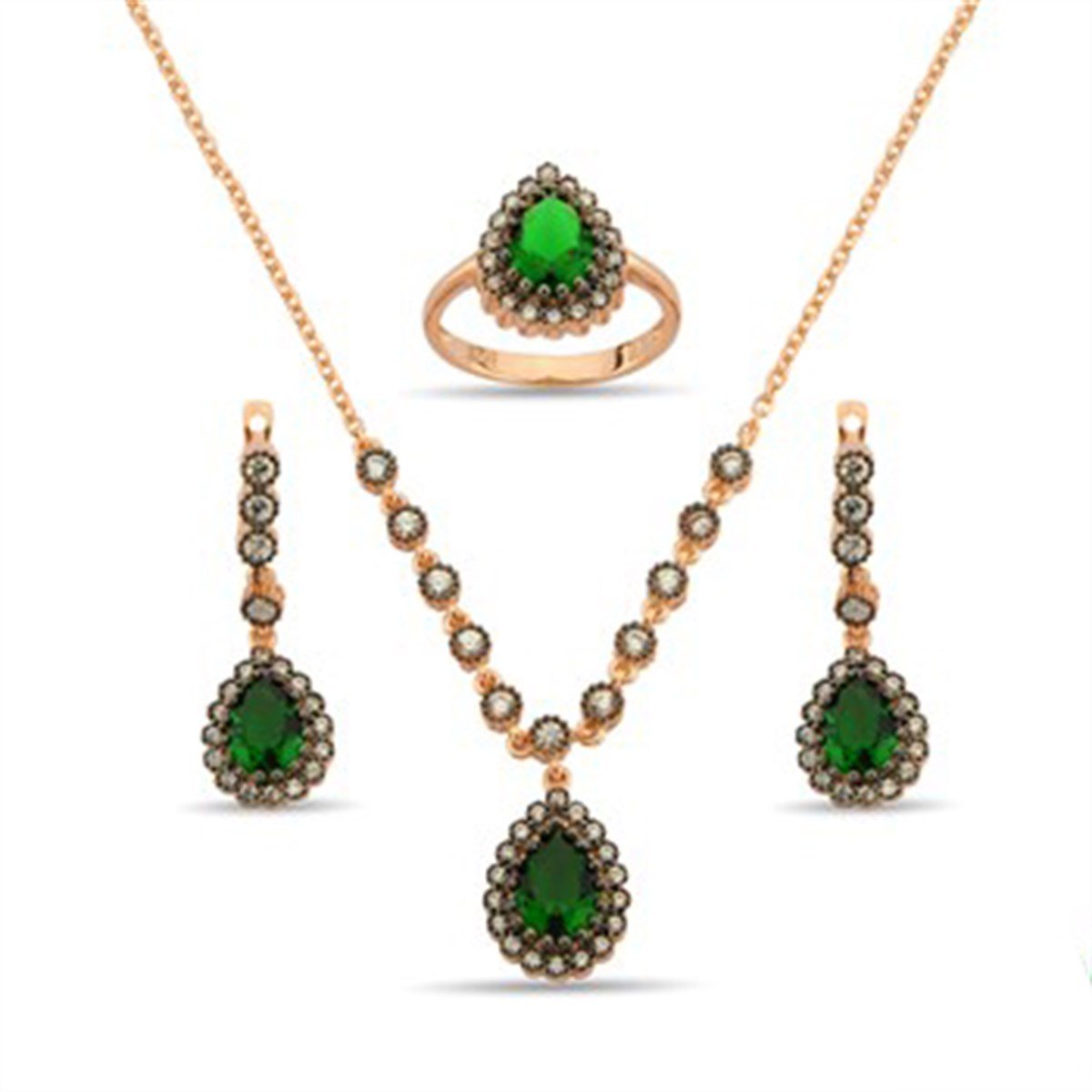 Osmanlı Motifli Roz Kaplamalı Gümüş Elmas Görünüşlü Zümrüt Yeşili Zirkon Taşlı Damla Seti