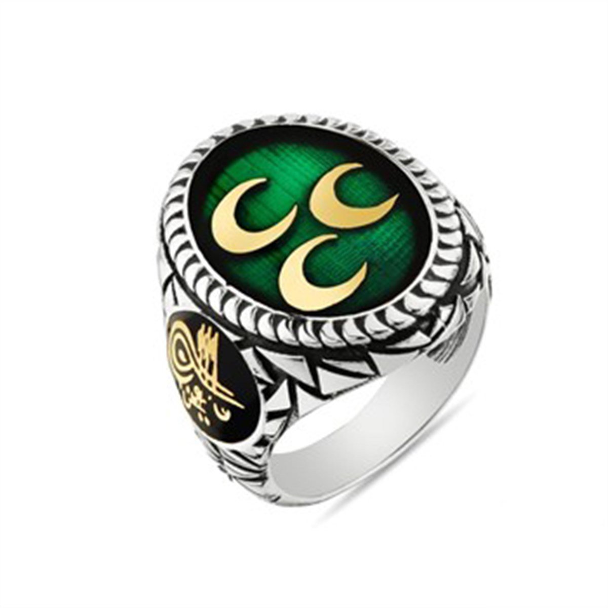Osmanlı Sancağı Yeşil Üç Hilal 925 Ayar Gümüş Erkek Yüzük