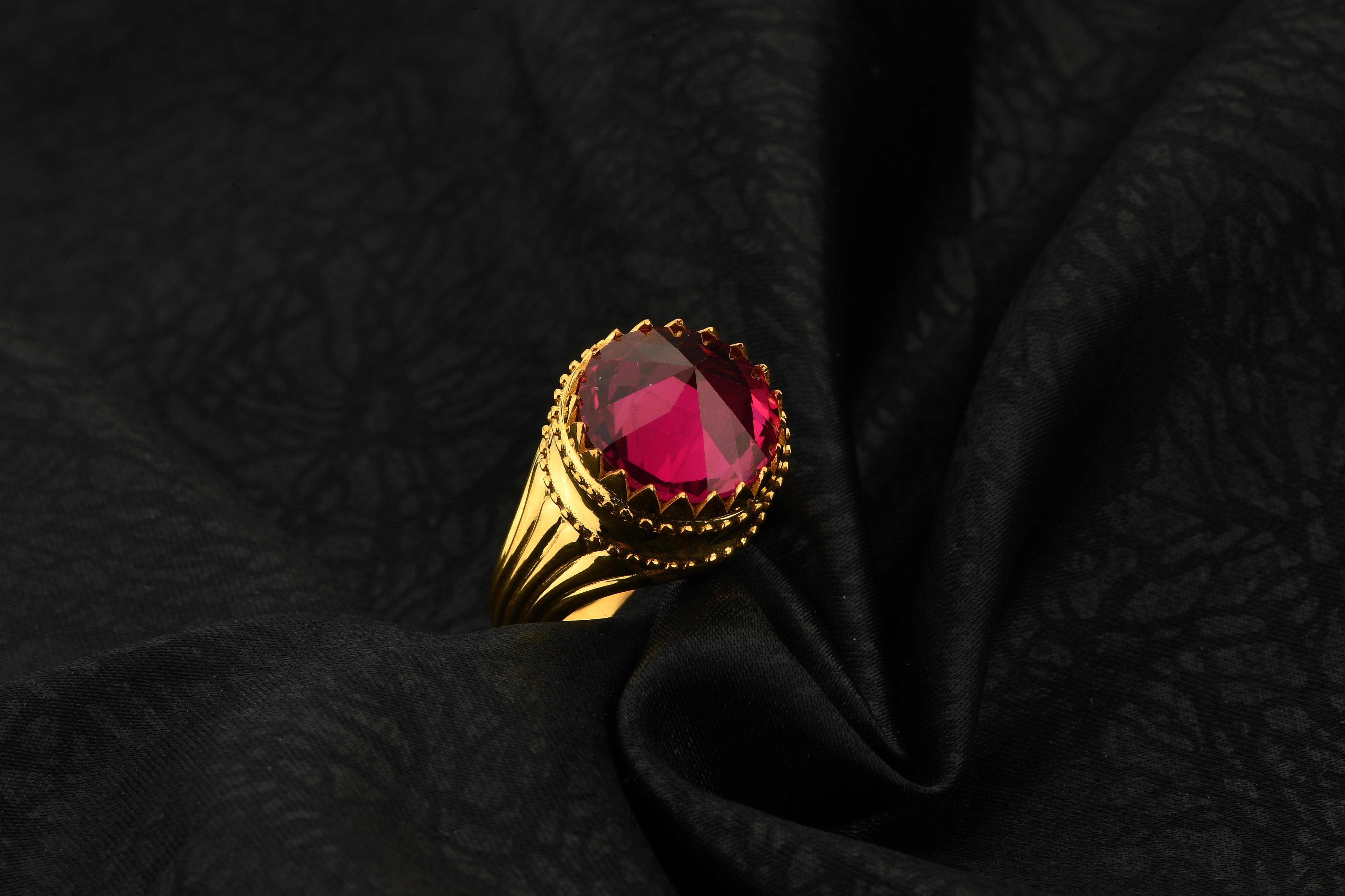 Osmanlı Tarzı - Kristal Kesim Kırmızı Ruby Taşlı 925 Ayar Gümüş Erkek Yüzük & Altın Kaplama (NS10068)