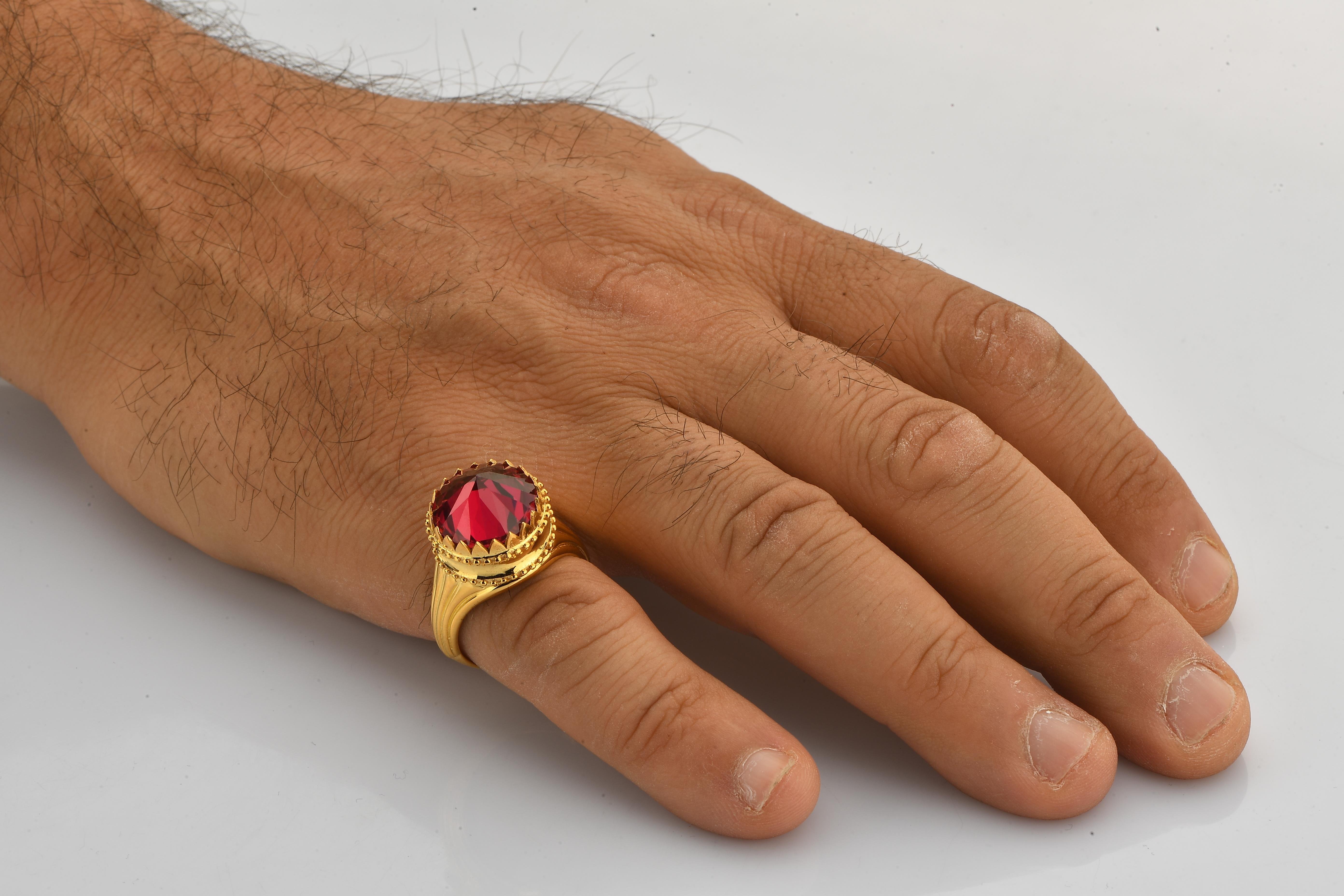 Osmanlı Tarzı - Kristal Kesim Kırmızı Ruby Taşlı 925 Ayar Gümüş Erkek Yüzük & Altın Kaplama (NS10068)