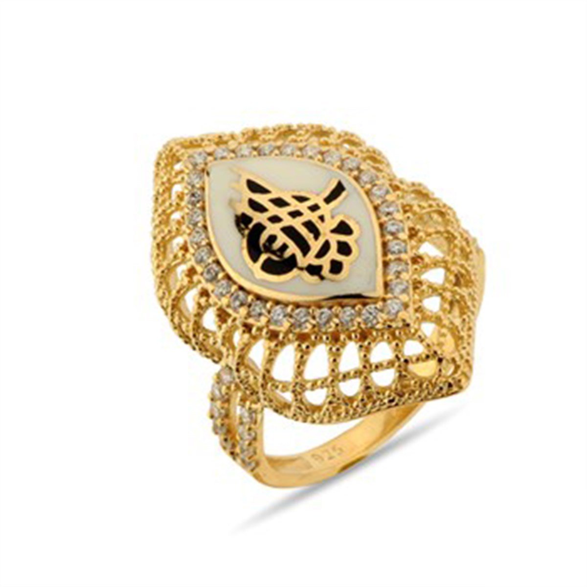 Osmanlı Tuğralı Altın Kaplama 925 Ayar Gümüş Bayan Yüzük