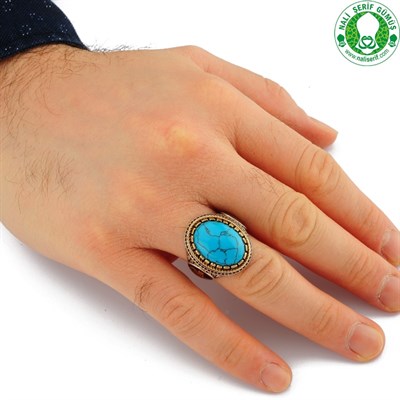 Oval Firuze Turkuaz Taşlı Osmanlı Devlet Armalı 925 Ayar Gümüş Erkek Yüzük