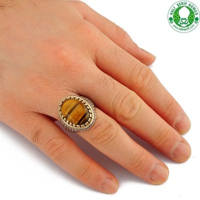 Oval Kaplan Gözü Onxy Siyah Taşlı 925 Ayar Gümüş Erkek Yüzük