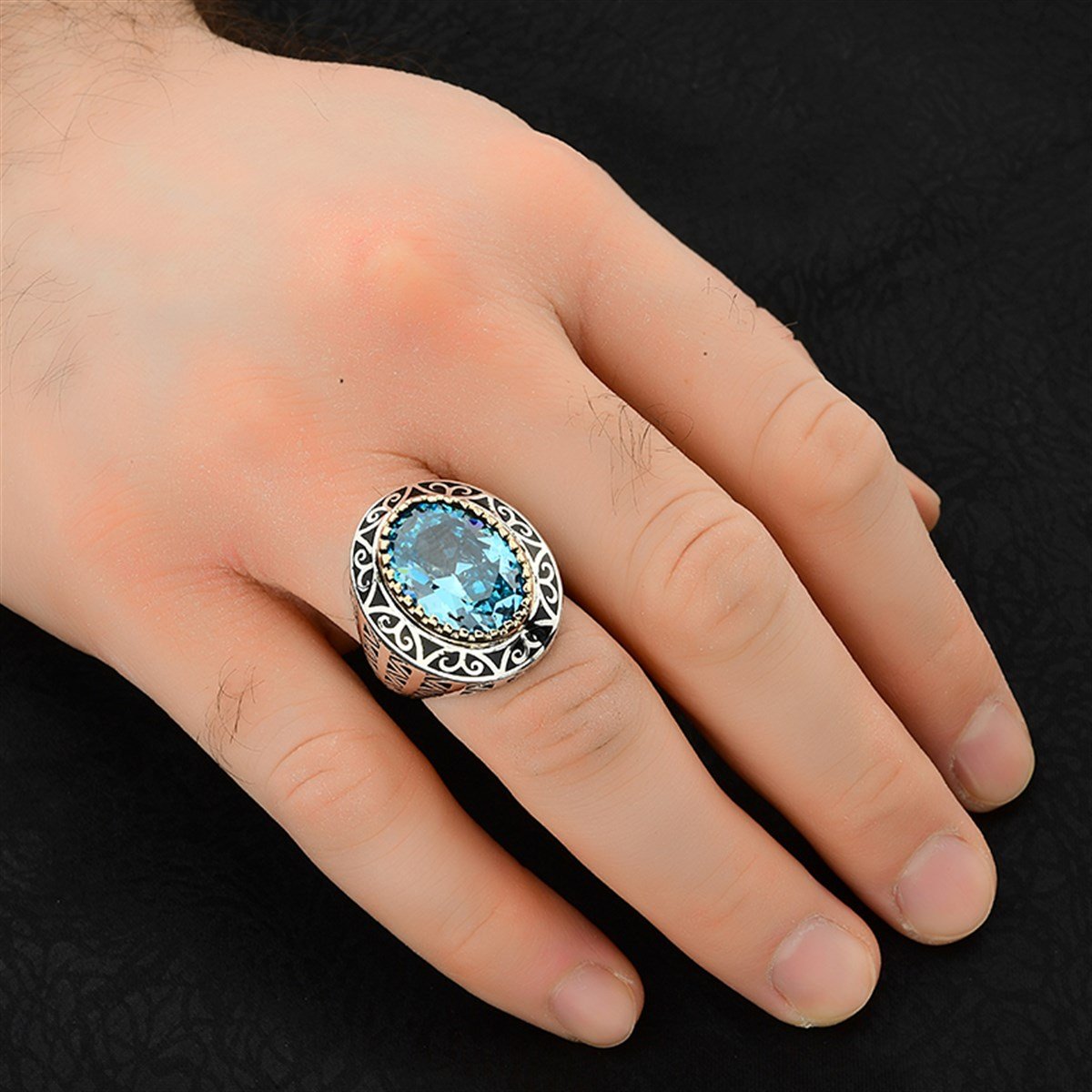 Oval Kasalı Akuamarin Taşlı Barbaros Hayreddin 925 Ayar Gümüş Erkek Yüzük