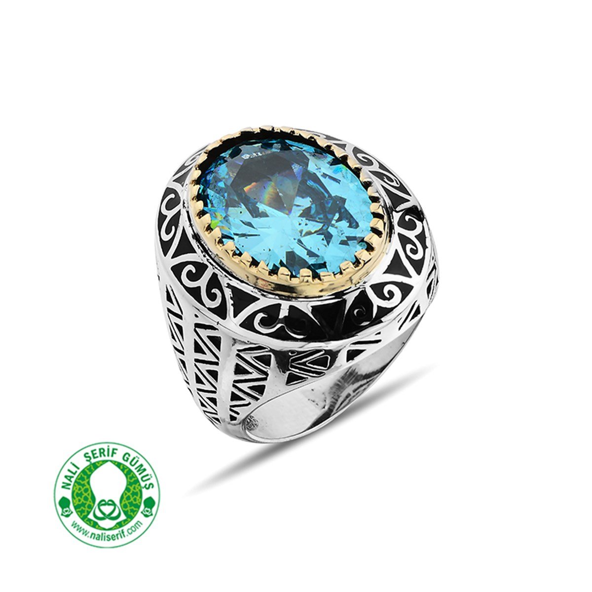 Oval Kasalı Akuamarin Taşlı Barbaros Hayreddin 925 Ayar Gümüş Erkek Yüzük