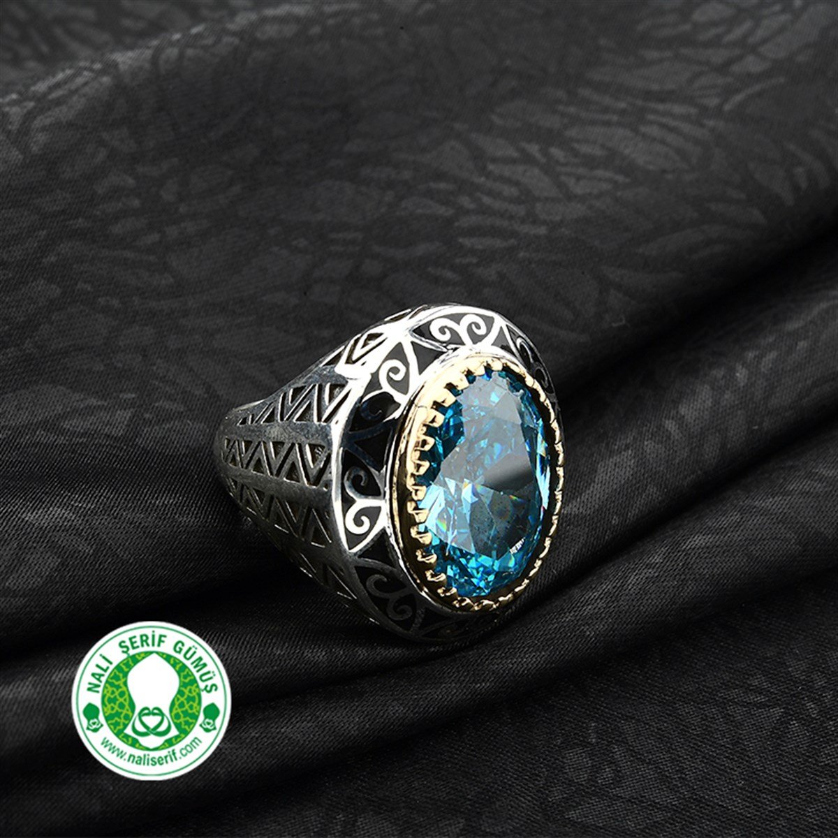 Oval Kasalı Akuamarin Taşlı Barbaros Hayreddin 925 Ayar Gümüş Erkek Yüzük