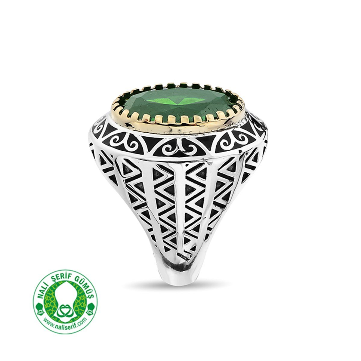Oval Kasalı Yesil Taşlı Papa 925 Ayar Gümüş Erkek Yüzük