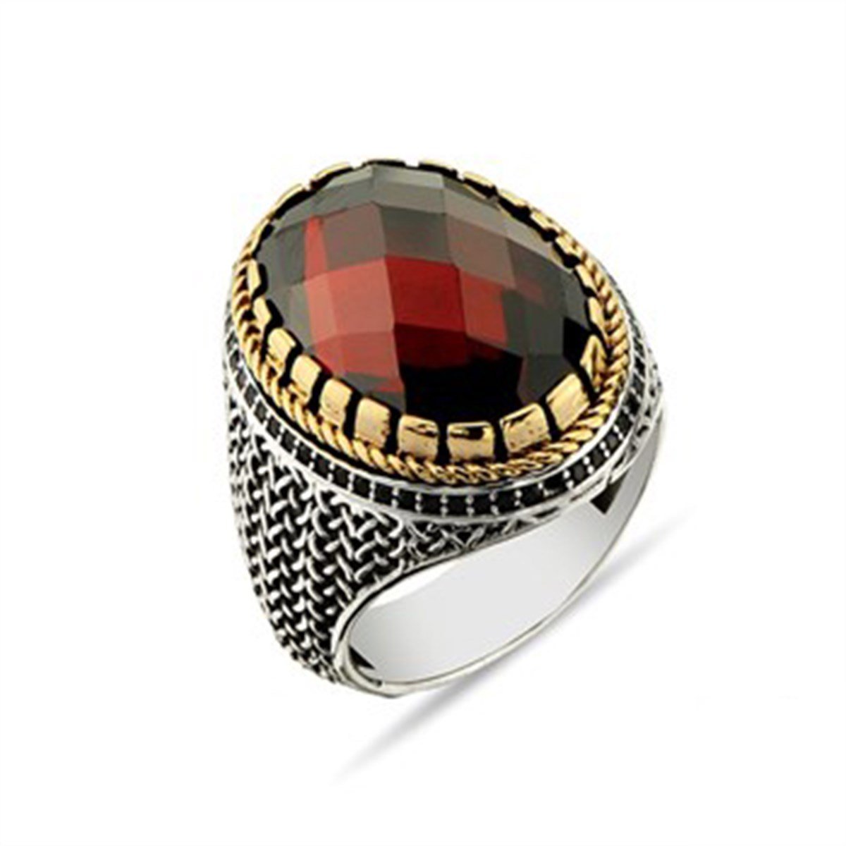 Oval Kırmızı Garnet Kristal Kesim 925 Ayar Gümüş Erkek Yüzüğü