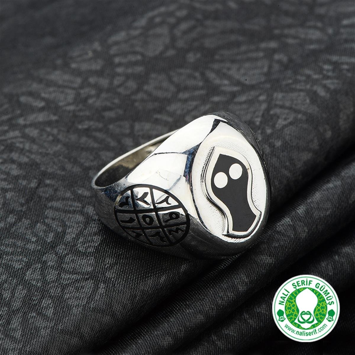 Oval Siyah Mineli Ebced Rakamlı Nali Şerif 925 Ayar Gümüş Erkek Yüzük