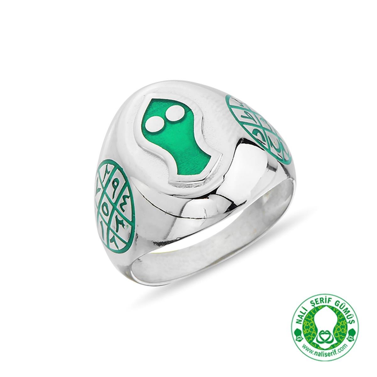 Oval Yeşil Mineli Ebced Rakamlı Nali Şerif 925 Ayar Gümüş Erkek Yüzük