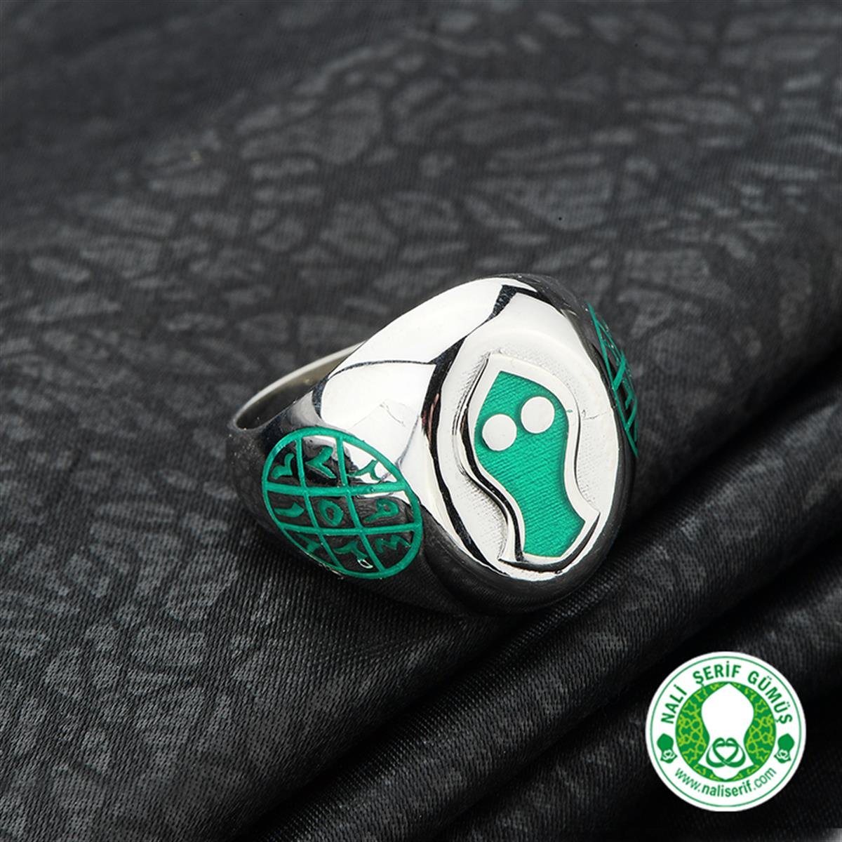 Oval Yeşil Mineli Ebced Rakamlı Nali Şerif 925 Ayar Gümüş Erkek Yüzük