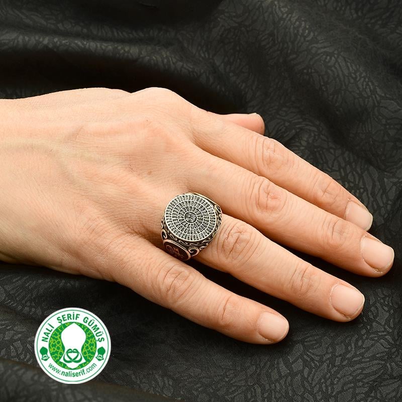 Özel Esmaül Hüsna Yazılı Değişir Yan Sembollü Gümüş Erkek Yüzük