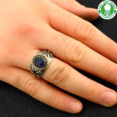 Safir Mavi Kristal Kesim 925 Ayar Gümüş Erkek Yüzük