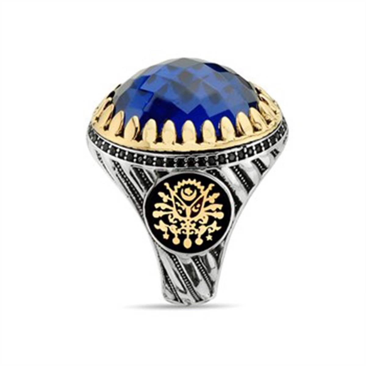 Safir Taşlı Kristal Kesim 925 Ayar Gümüş Erkek Yüzük