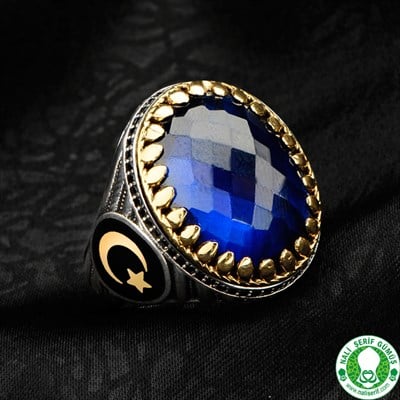 Safir Taşlı Kristal Kesim 925 Ayar Gümüş Erkek Yüzük