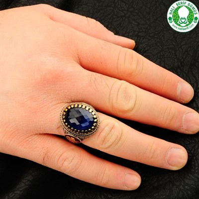 Safir Taşlı Kristal Kesim 925 Ayar Gümüş Erkek Yüzük