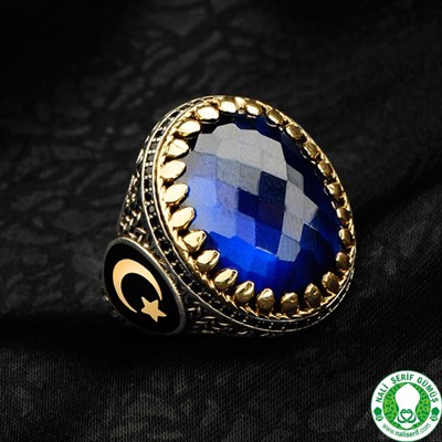 Safir Taşlı Kristal Kesim 925 Ayar Gümüş Erkek Yüzük