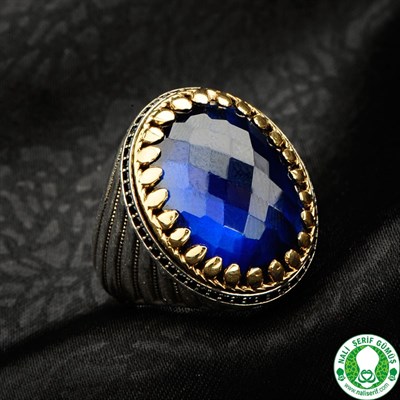 Safir Taşlı Kristal Kesimli 925 Ayar Gümüş Erkek Yüzük