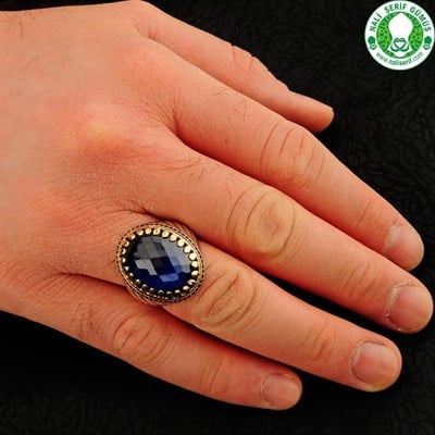 Safir Taşlı Kristal Kesimli 925 Ayar Gümüş Erkek Yüzük