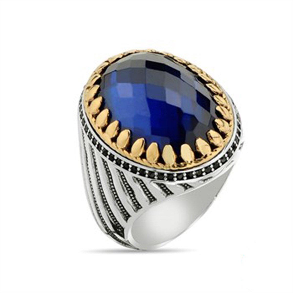 Safir Taşlı Kristal Kesimli 925 Ayar Gümüş Erkek Yüzük
