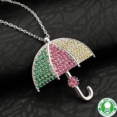 Şemsiye Renkli Taşlı 925 Ayar Gümüş Bayan Kolyesi