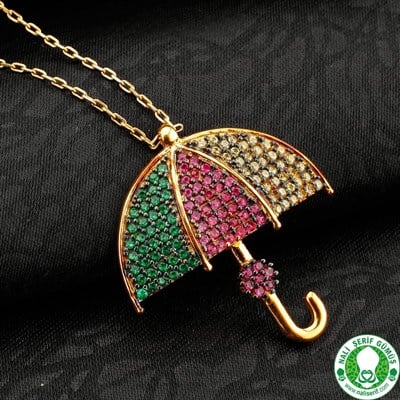 Şemsiye Renkli Taşlı Altın Kaplama Gümüş Bayan Kolyesi