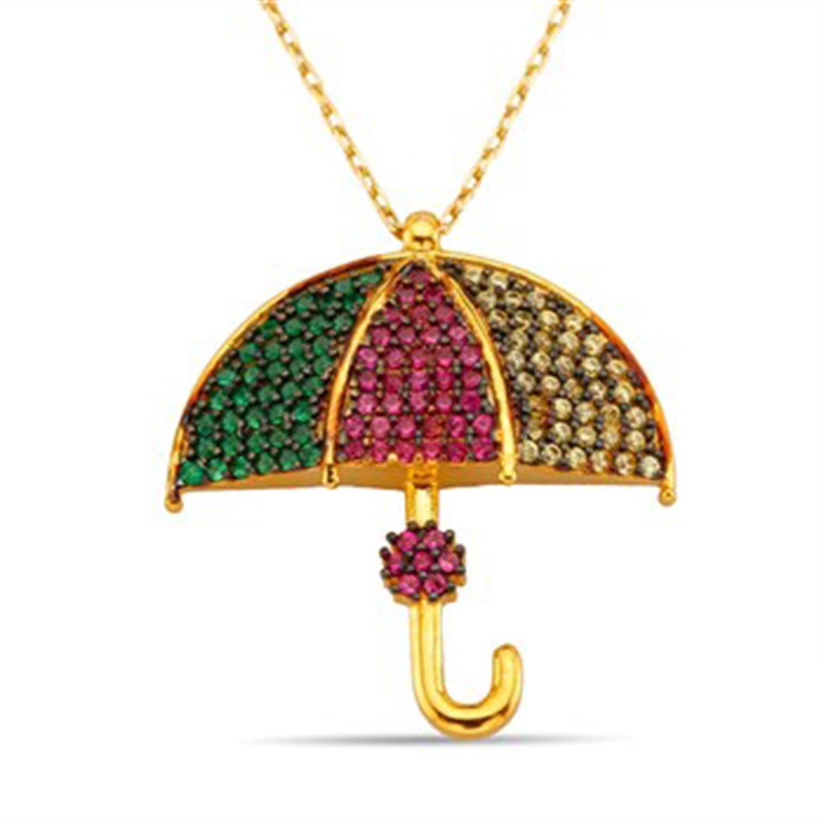 Şemsiye Renkli Taşlı Altın Kaplama Gümüş Bayan Kolyesi