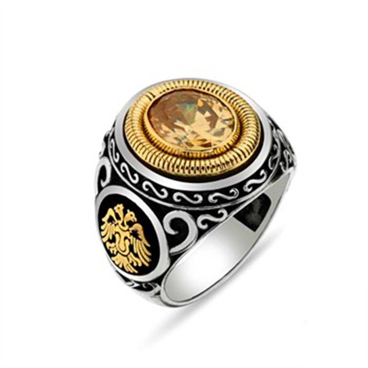 Sitrin Kristal Taşlı 925 Ayar Gümüş Erkek Yüzük