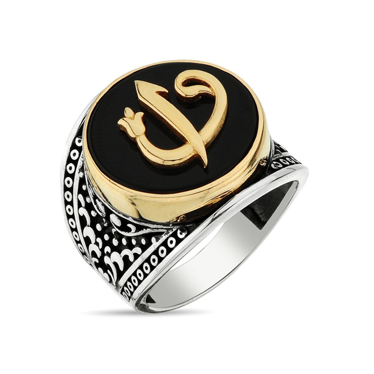 Siyah Akik Taşlı Elif Vav 925 Ayar Gümüş Erkek Yüzüğü