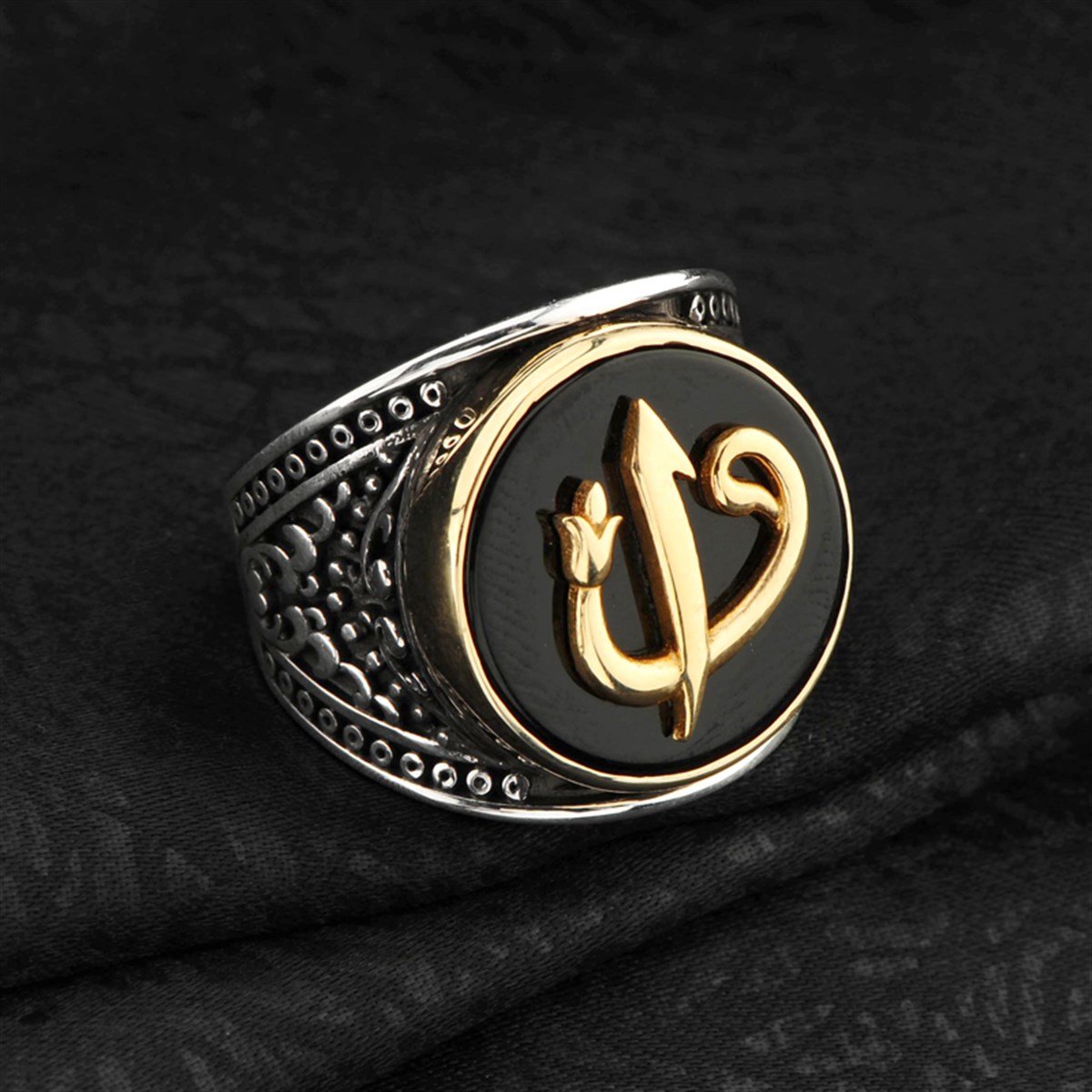 Siyah Akik Taşlı Elif Vav 925 Ayar Gümüş Erkek Yüzüğü