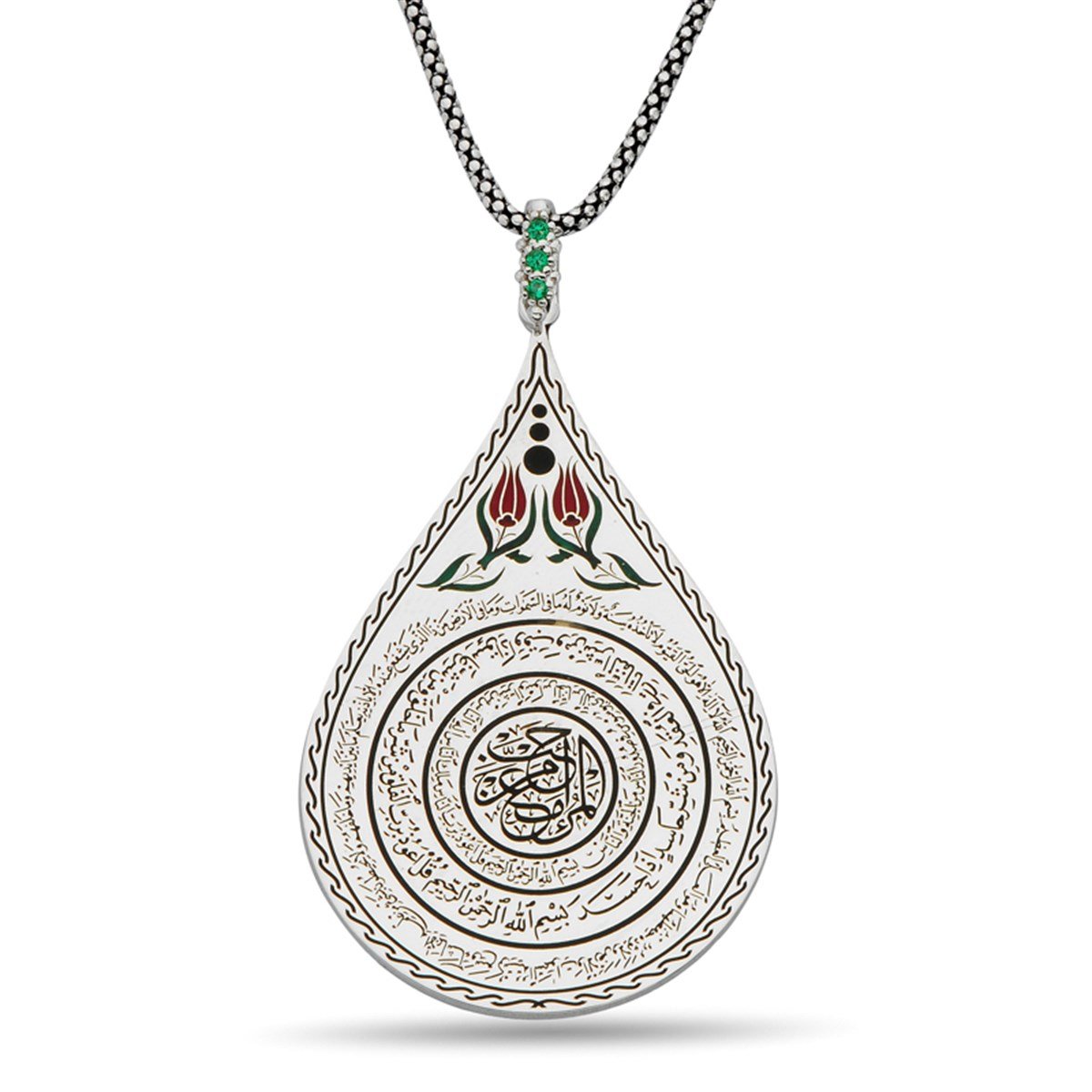 Siyah Beyaz Mineli Damla Modeli Ayetel Kürsi Felak Nas Yazılı Gümüş Bayan Kolye Zincirli