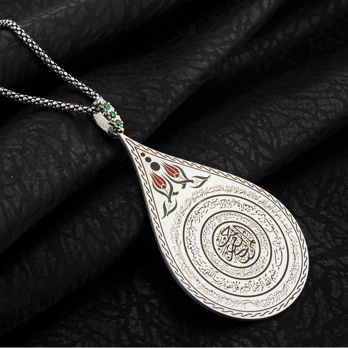 Siyah Beyaz Mineli Damla Modeli Ayetel Kürsi Felak Nas Yazılı Gümüş Bayan Kolye Zincirli