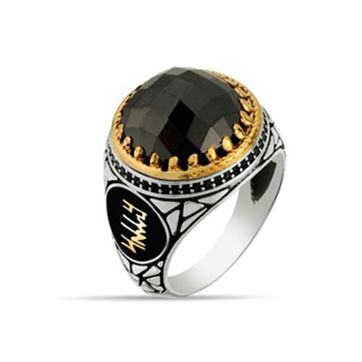 Siyah Kristal Kesim Taşlı 925 Ayar Gümüş Erkek Yüzüğü