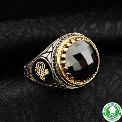 Siyah Kristal Kesim Taşlı 925 Ayar Gümüş Erkek Yüzüğü