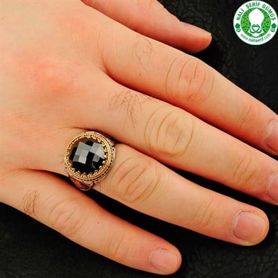 Siyah Kristal Kesim Taşlı 925 Ayar Gümüş Erkek Yüzüğü