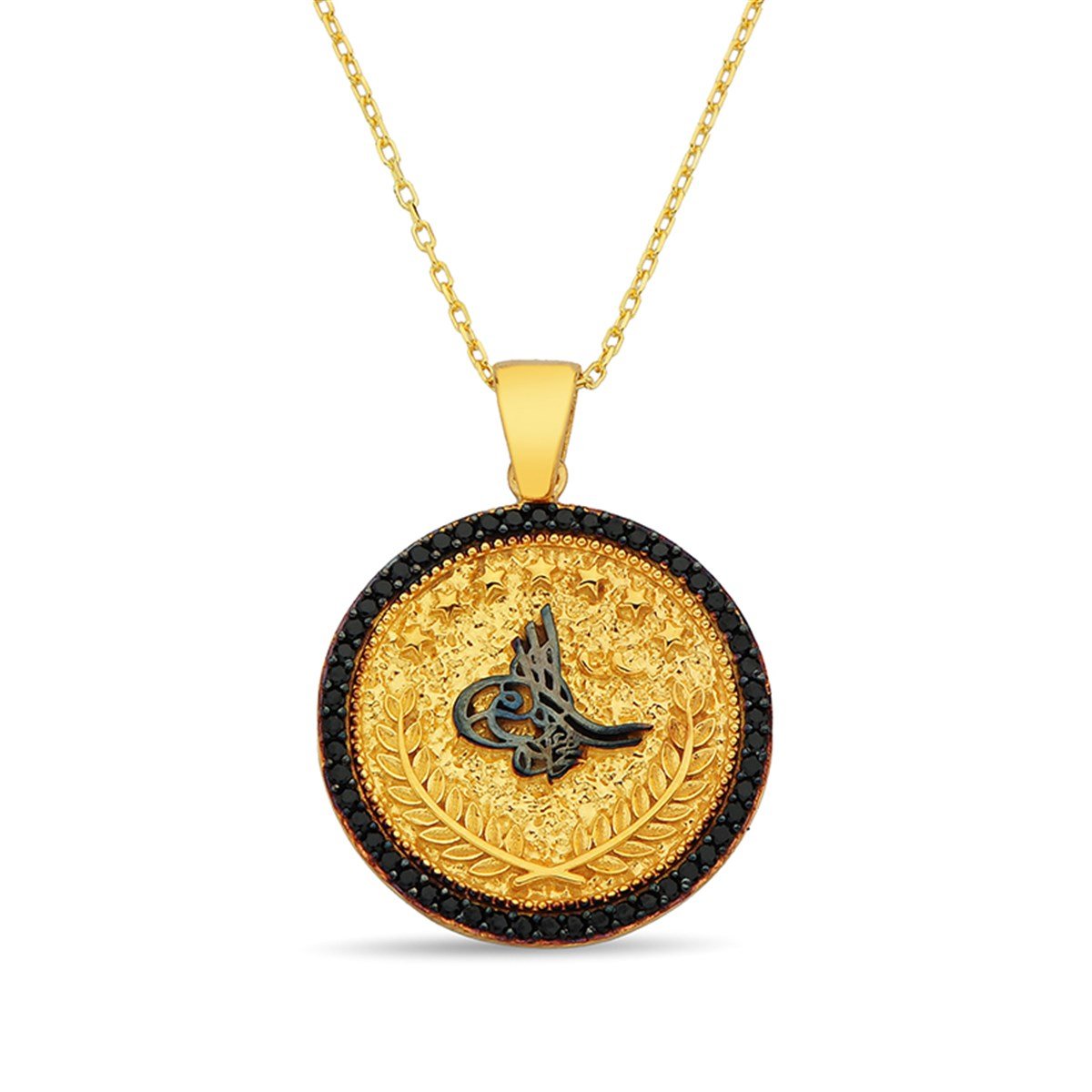 Siyah Oniks Zirkon Taşlı Reşat Boy Tuğralı Altın Kaplama Gümüş Bayan Kolye Zincirli