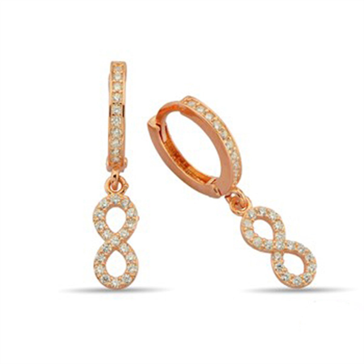 Sonsuzluk Zirkon Taşlı Roz Kaplamalı Gümüş Halka Klipsli Küpe