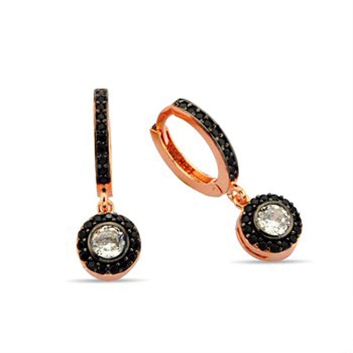 Tek Taş Onxy Zirkon Taşlı Roz Kaplamalı Gümüş Halka Klipsli Küpe